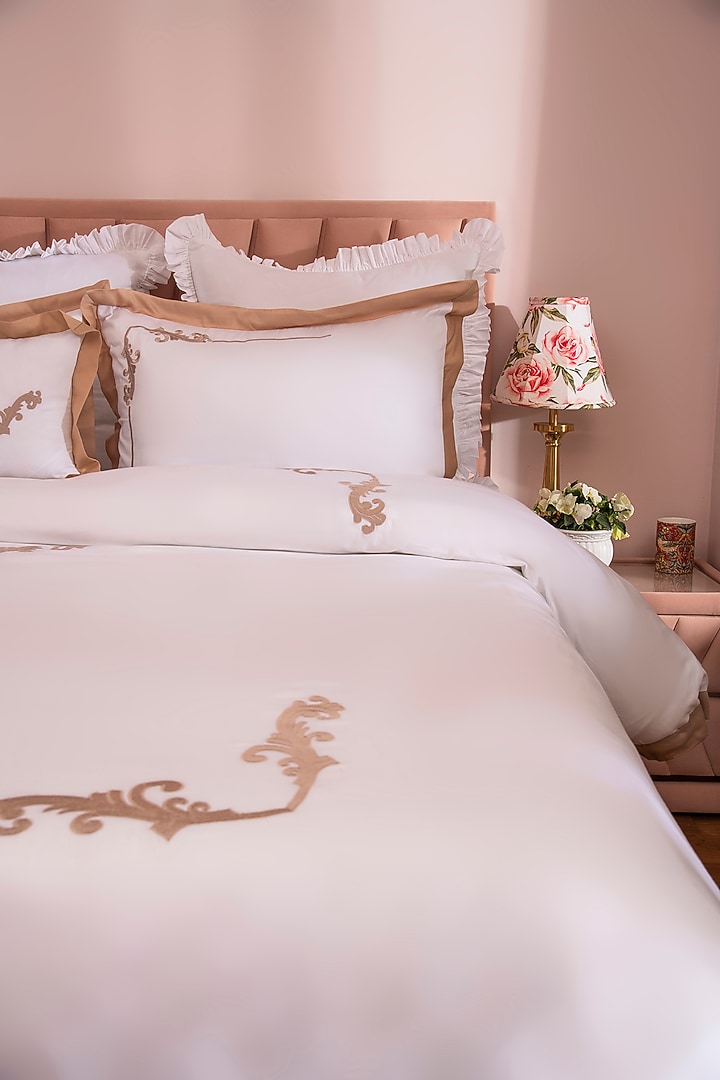 White & Beige Cotton Embroidered Duvet Set by La Paloma at Pernia's Pop Up Shop