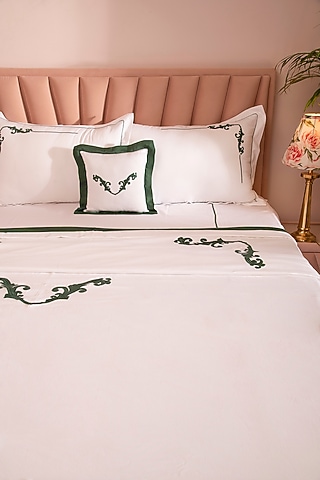 White & Green Cotton Embroidered Duvet Set by La Paloma