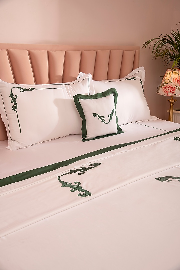White & Green Cotton Embroidered Duvet Set by La Paloma at Pernia's Pop Up Shop
