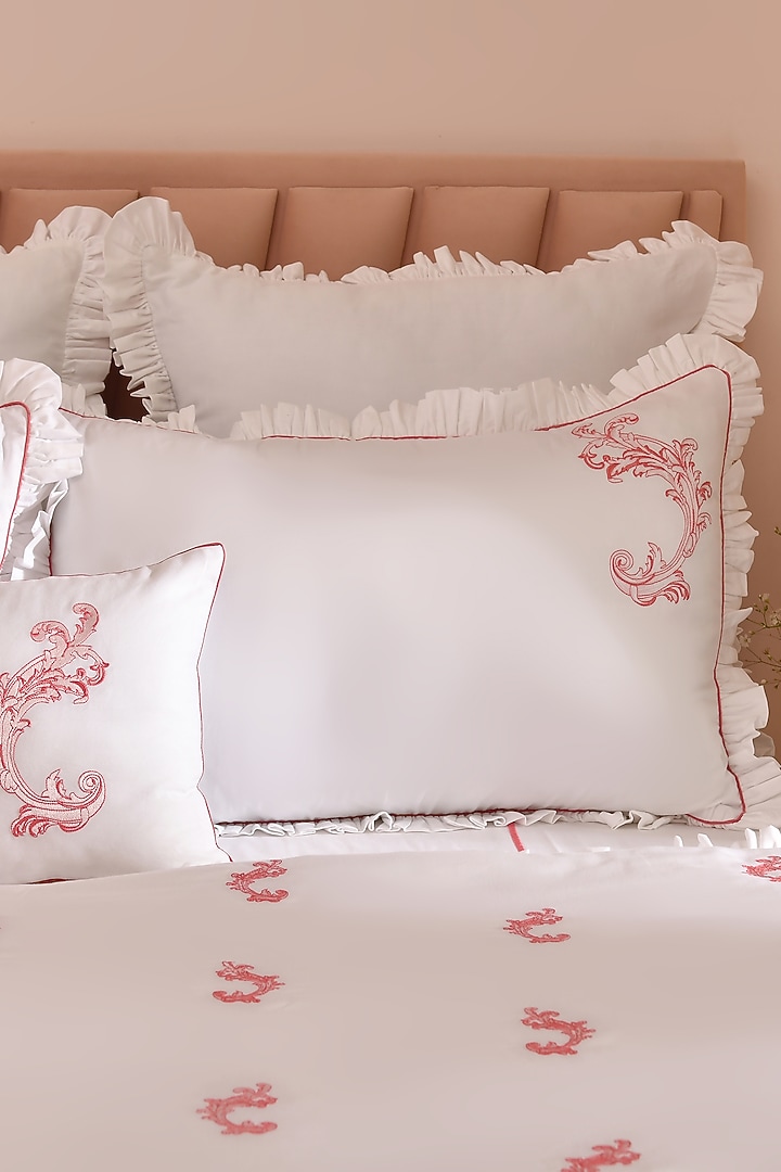 White & Pink Cotton Embroidered Duvet Set by La Paloma at Pernia's Pop Up Shop