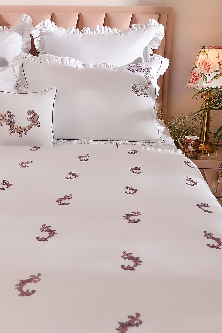 White & Purple Cotton Embroidered Duvet Set by La Paloma