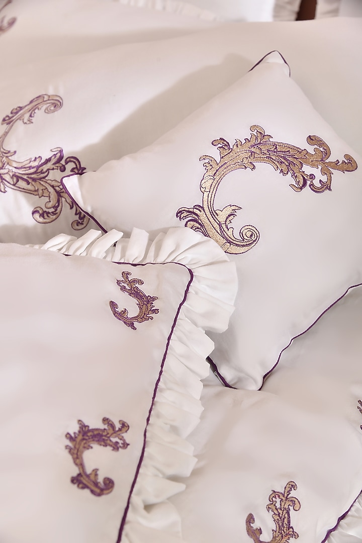 White & Purple Cotton Embroidered Duvet Set by La Paloma at Pernia's Pop Up Shop