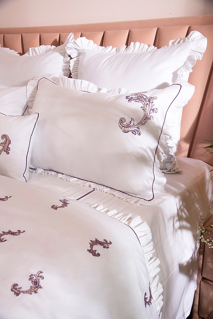 White & Purple Cotton Embroidered Duvet Set by La Paloma at Pernia's Pop Up Shop