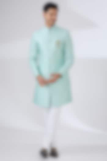 Aqua Blue Katan Silk Thread Embroidered Sherwani Set by Laromani at Pernia's Pop Up Shop