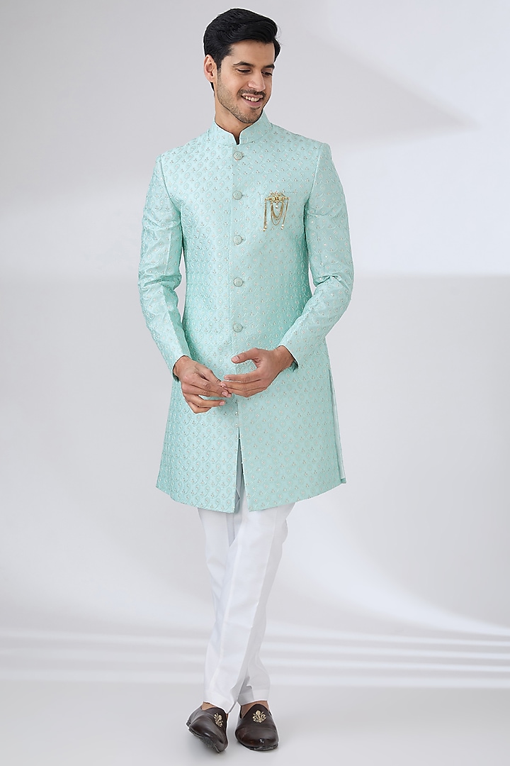 Aqua Blue Katan Silk Thread Embroidered Sherwani Set by Laromani