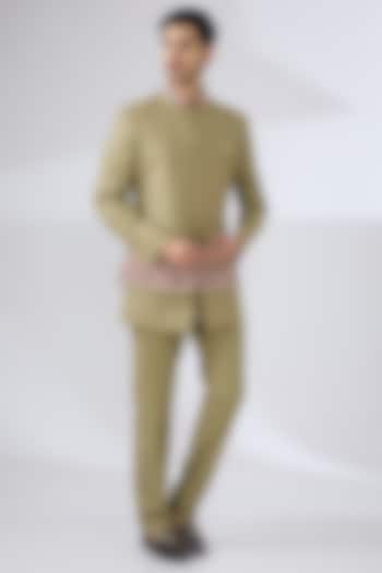 Mehendi Green Terry Rayon Hand Embroidered Nehru Jacket Set by Laromani at Pernia's Pop Up Shop