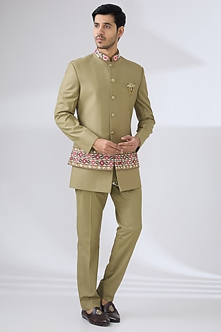 Mehendi Green Terry Rayon Hand Embroidered Nehru Jacket Set by Laromani
