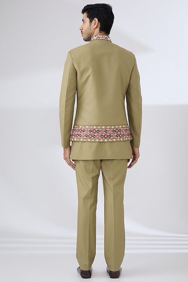 Mehendi Green Terry Rayon Hand Embroidered Nehru Jacket Set by Laromani at Pernia's Pop Up Shop