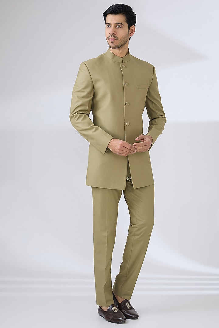 Mehendi Green Terry Rayon Hand Embroidered Nehru Jacket Set by Laromani at Pernia's Pop Up Shop