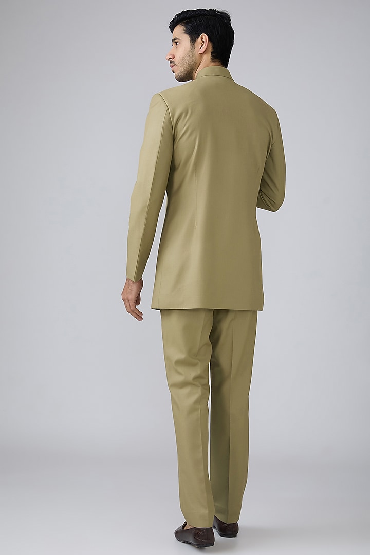 Mehendi Green Terry Rayon Hand Embroidered Nehru Jacket Set by Laromani at Pernia's Pop Up Shop