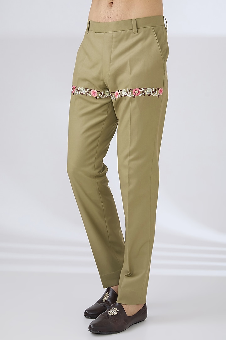 Mehendi Green Terry Rayon Hand Embroidered Nehru Jacket Set by Laromani at Pernia's Pop Up Shop