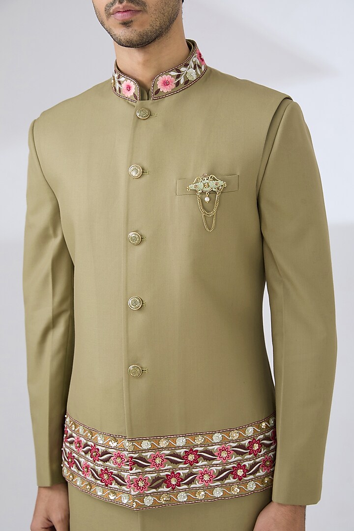 Mehendi Green Terry Rayon Hand Embroidered Nehru Jacket Set by Laromani at Pernia's Pop Up Shop