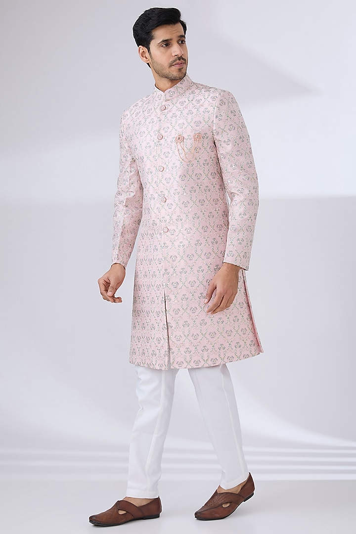 Baby Pink Russian Silk Thread Embroidered Sherwani Set by Laromani