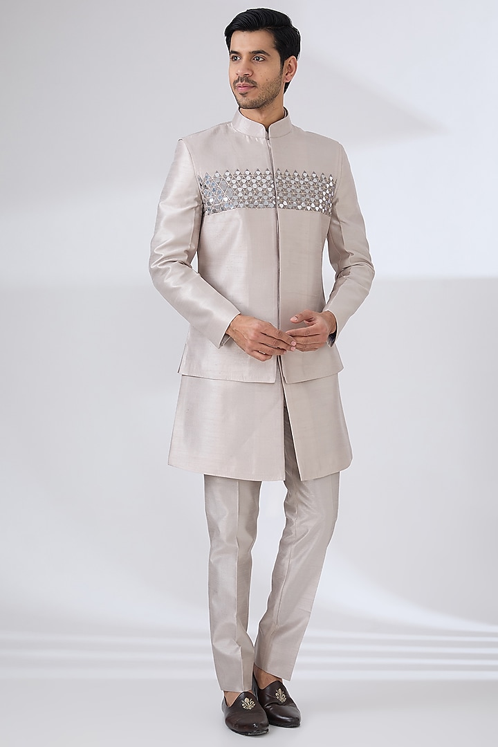 Grey Fire Silk Thread Embroidered Nehru Jacket Set by Laromani
