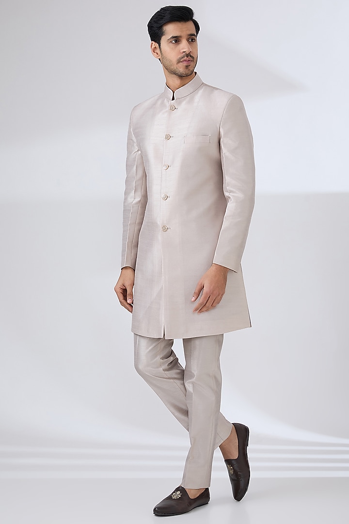 Grey Fire Silk Thread Embroidered Nehru Jacket Set by Laromani at Pernia's Pop Up Shop