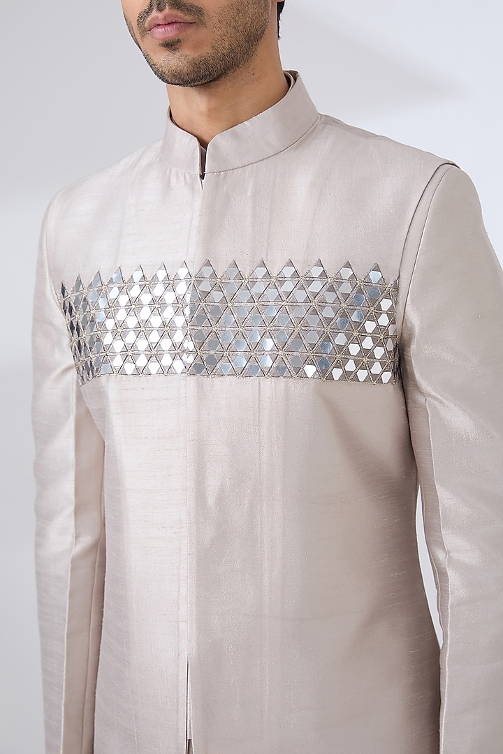 Grey Fire Silk Thread Embroidered Nehru Jacket Set by Laromani at Pernia's Pop Up Shop