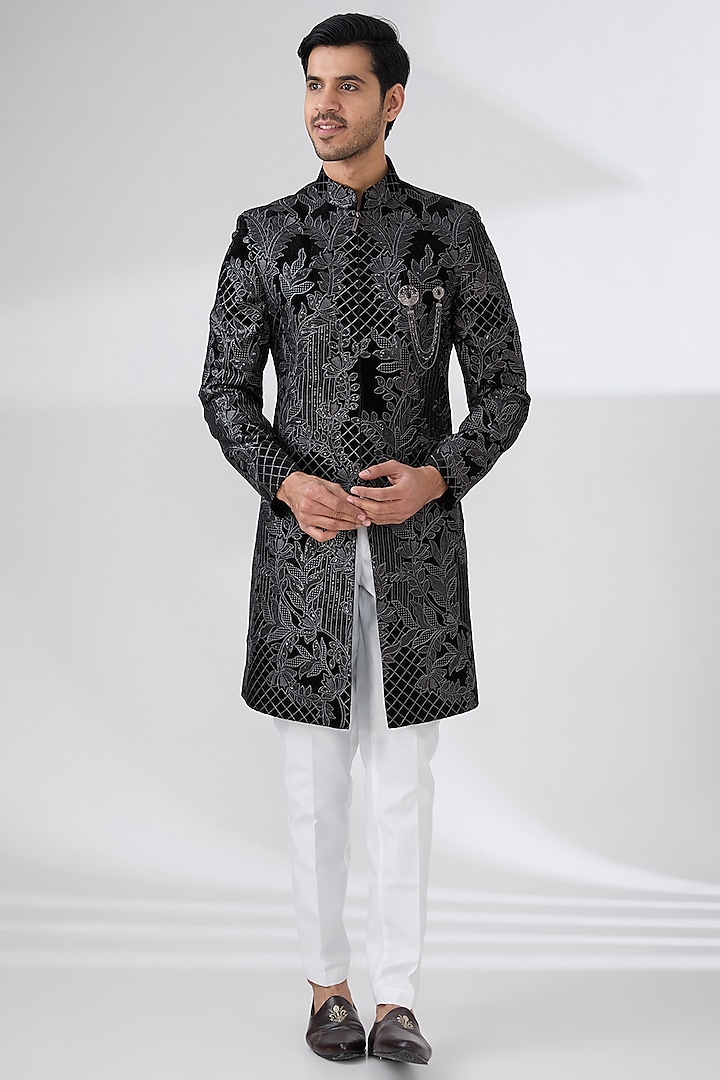 Black Velvet Sequins Embroidered Sherwani Set by Laromani