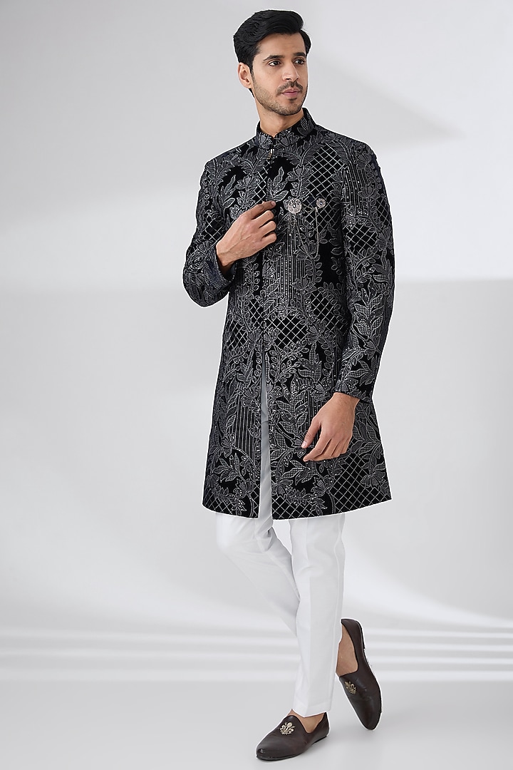 Navy Blue Velvet Sequins Embroidered Sherwani Set by Laromani