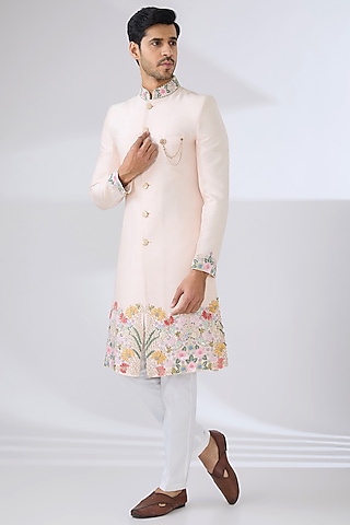 Peach Raw Silk Hand Embroidered Sherwani Set by Laromani