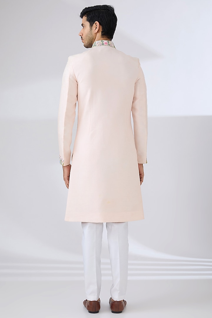 Peach Raw Silk Hand Embroidered Wedding Sherwani Set by Laromani at Pernia's Pop Up Shop