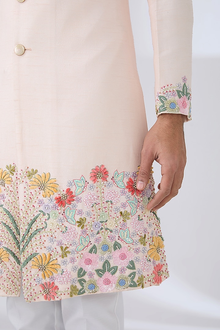 Peach Raw Silk Hand Embroidered Wedding Sherwani Set by Laromani at Pernia's Pop Up Shop