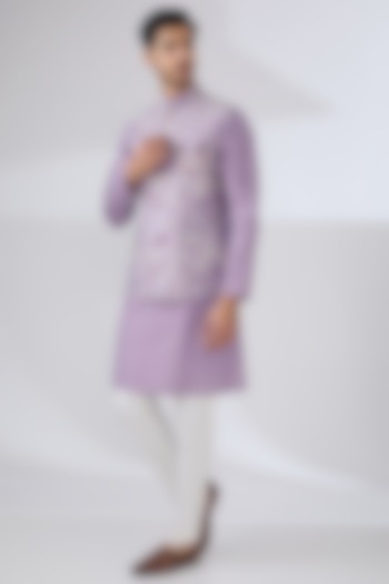 Mauve Silk Thread Embroidered Nehru Jacket Set by Laromani at Pernia's Pop Up Shop