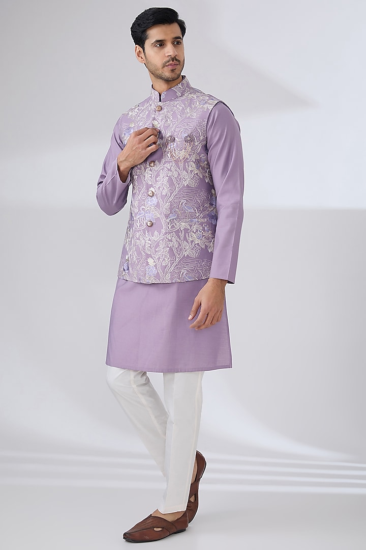 Mauve Silk Thread Embroidered Nehru Jacket Set by Laromani at Pernia's Pop Up Shop