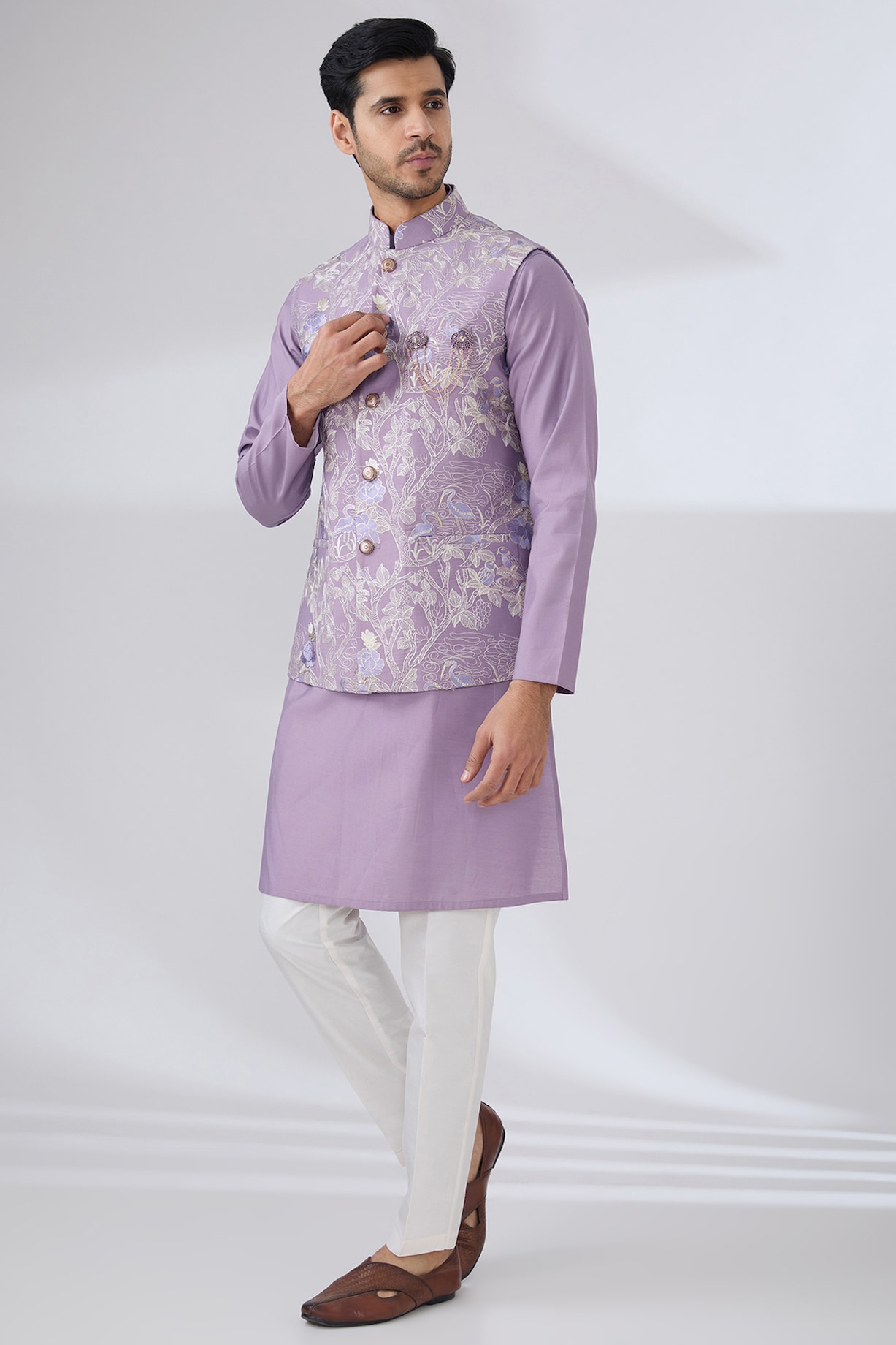 Mauve embroidered woven nehru jacket