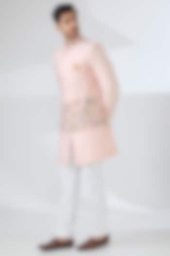 Baby Pink Raw Silk Hand Embroidered Nehru Jacket Set by Laromani