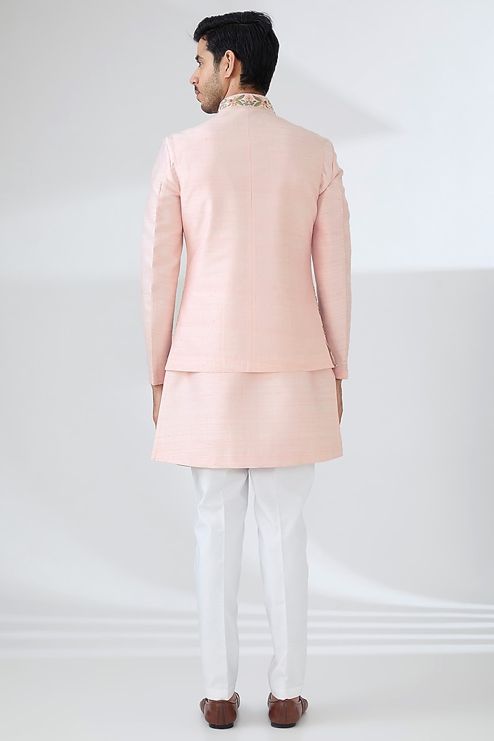 Baby Pink Raw Silk Hand Embroidered Nehru Jacket Set by Laromani at Pernia's Pop Up Shop