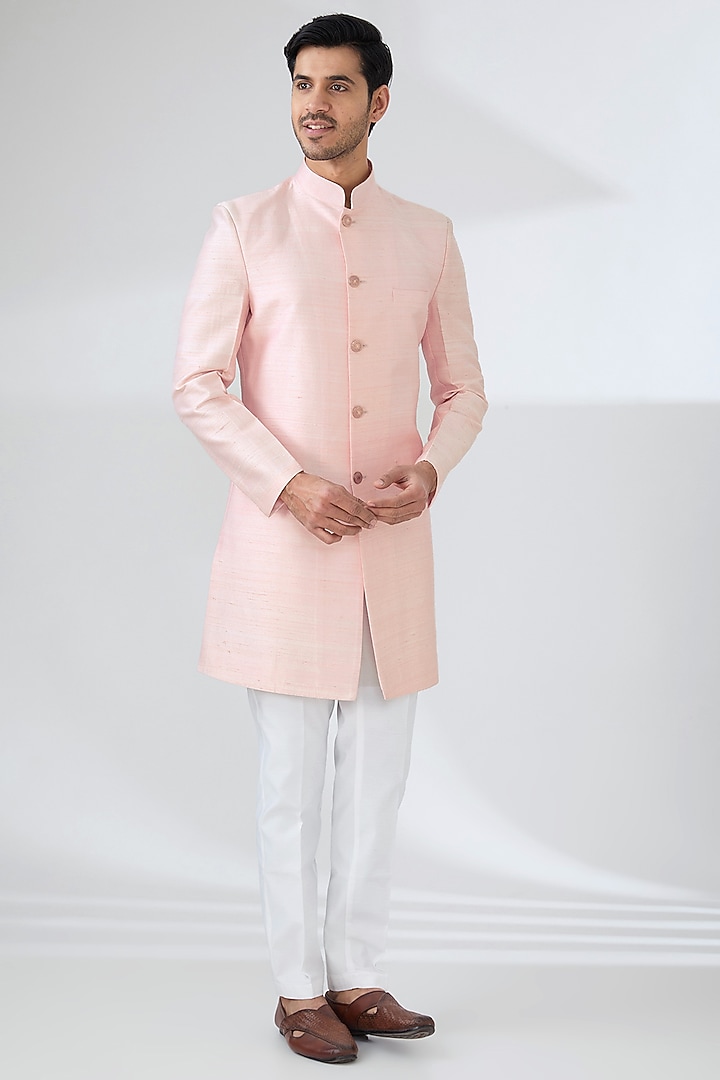 Baby Pink Raw Silk Hand Embroidered Nehru Jacket Set by Laromani at Pernia's Pop Up Shop