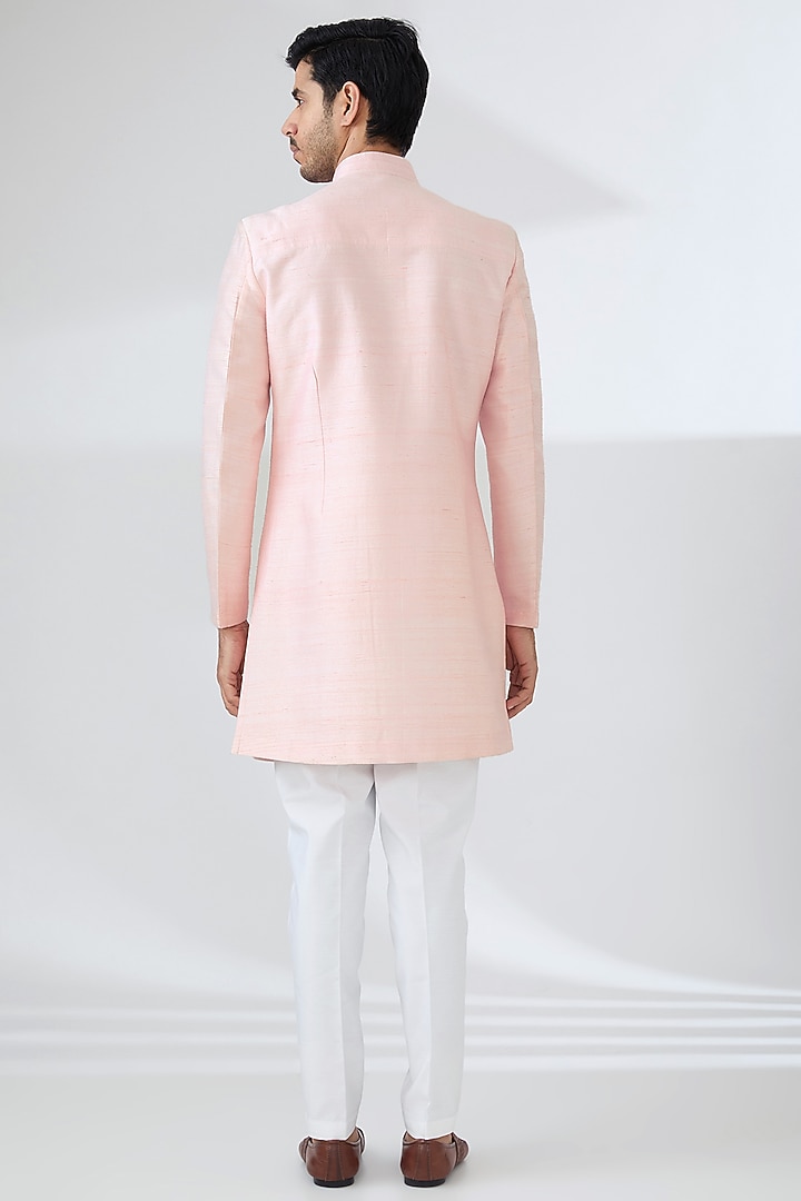 Baby Pink Raw Silk Hand Embroidered Nehru Jacket Set by Laromani at Pernia's Pop Up Shop