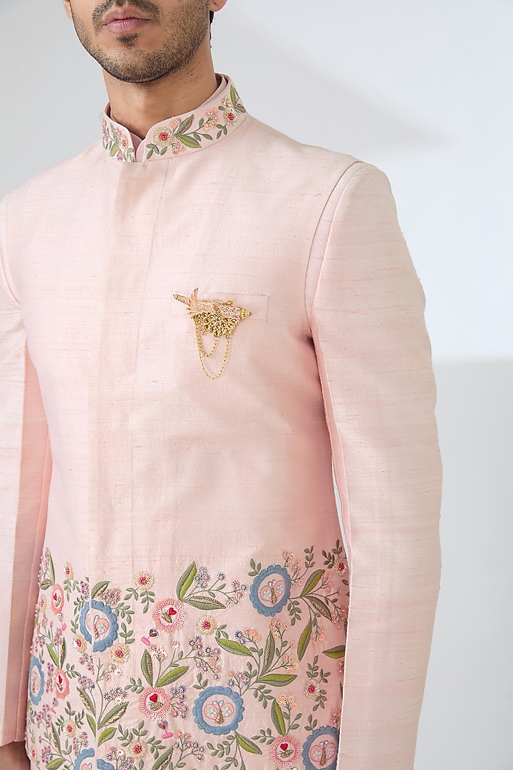 Baby Pink Raw Silk Hand Embroidered Nehru Jacket Set by Laromani at Pernia's Pop Up Shop