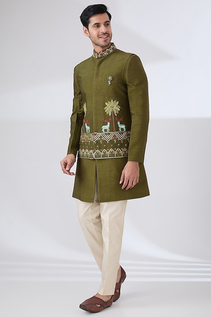 Mehendi Green Raw Silk Hand Embroidered Nehru Jacket Set by Laromani