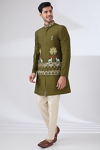 Mehendi Green Raw Silk Hand Embroidered Nehru Jacket Set by Laromani