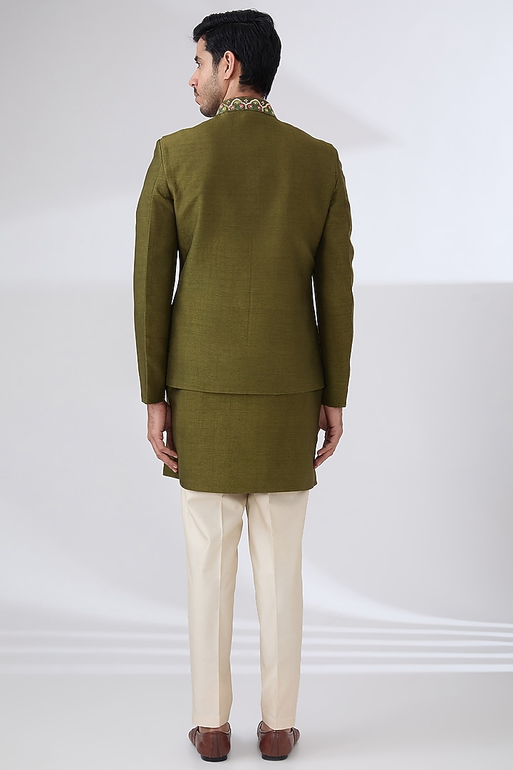 Mehendi Green Raw Silk Hand Embroidered Nehru Jacket Set by Laromani at Pernia's Pop Up Shop