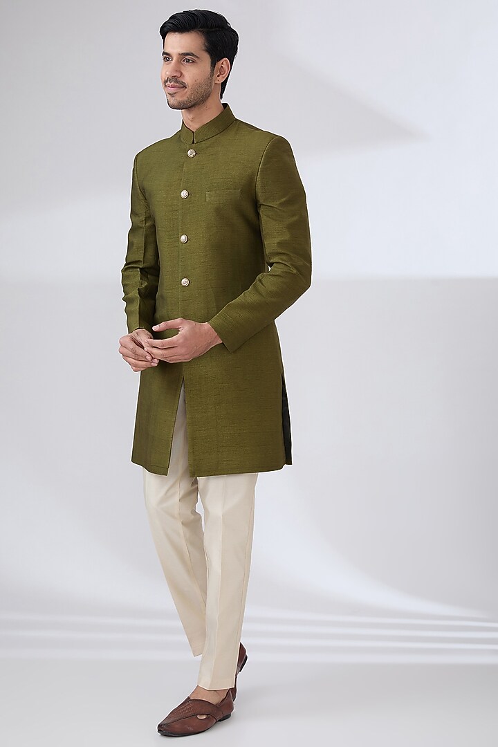 Mehendi Green Raw Silk Hand Embroidered Nehru Jacket Set by Laromani at Pernia's Pop Up Shop