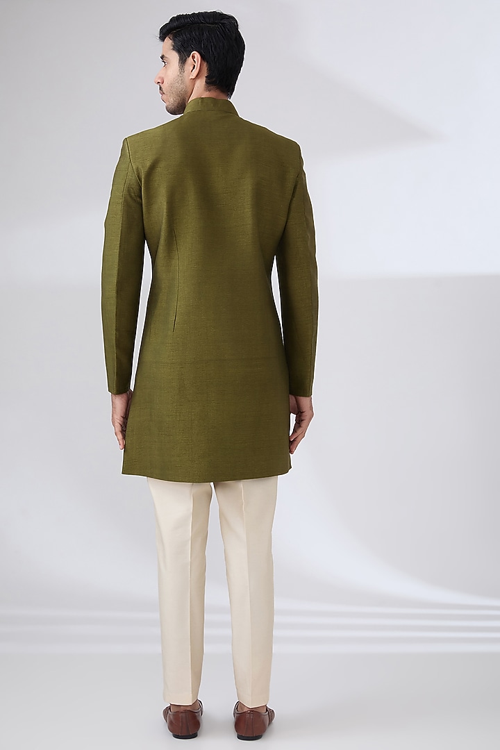 Mehendi Green Raw Silk Hand Embroidered Nehru Jacket Set by Laromani at Pernia's Pop Up Shop