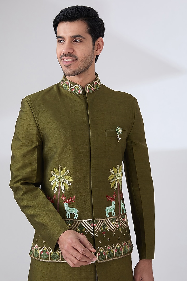 Mehendi Green Raw Silk Hand Embroidered Nehru Jacket Set by Laromani at Pernia's Pop Up Shop