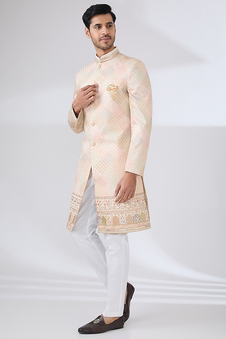 Baby Pink Katan Silk Sequins Embroidered Sherwani Set by Laromani