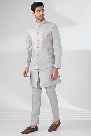 Grey Bombay Silk Thread Embroidered Nehru Jacket Set by Laromani
