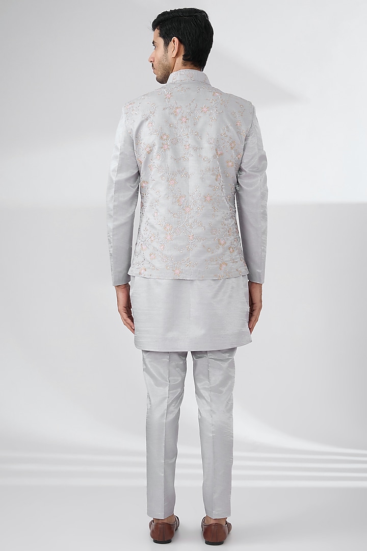 Grey Bombay Silk Thread Embroidered Nehru Jacket Set by Laromani at Pernia's Pop Up Shop