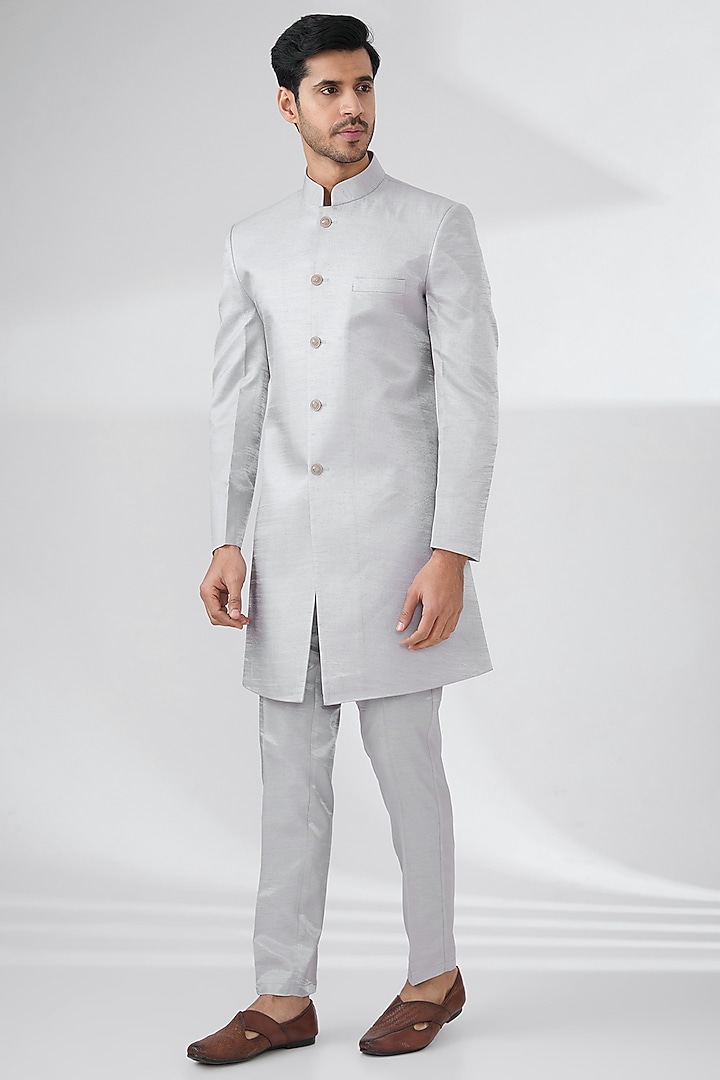 Grey Bombay Silk Thread Embroidered Nehru Jacket Set by Laromani at Pernia's Pop Up Shop