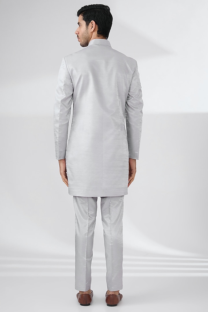 Grey Bombay Silk Thread Embroidered Nehru Jacket Set by Laromani at Pernia's Pop Up Shop