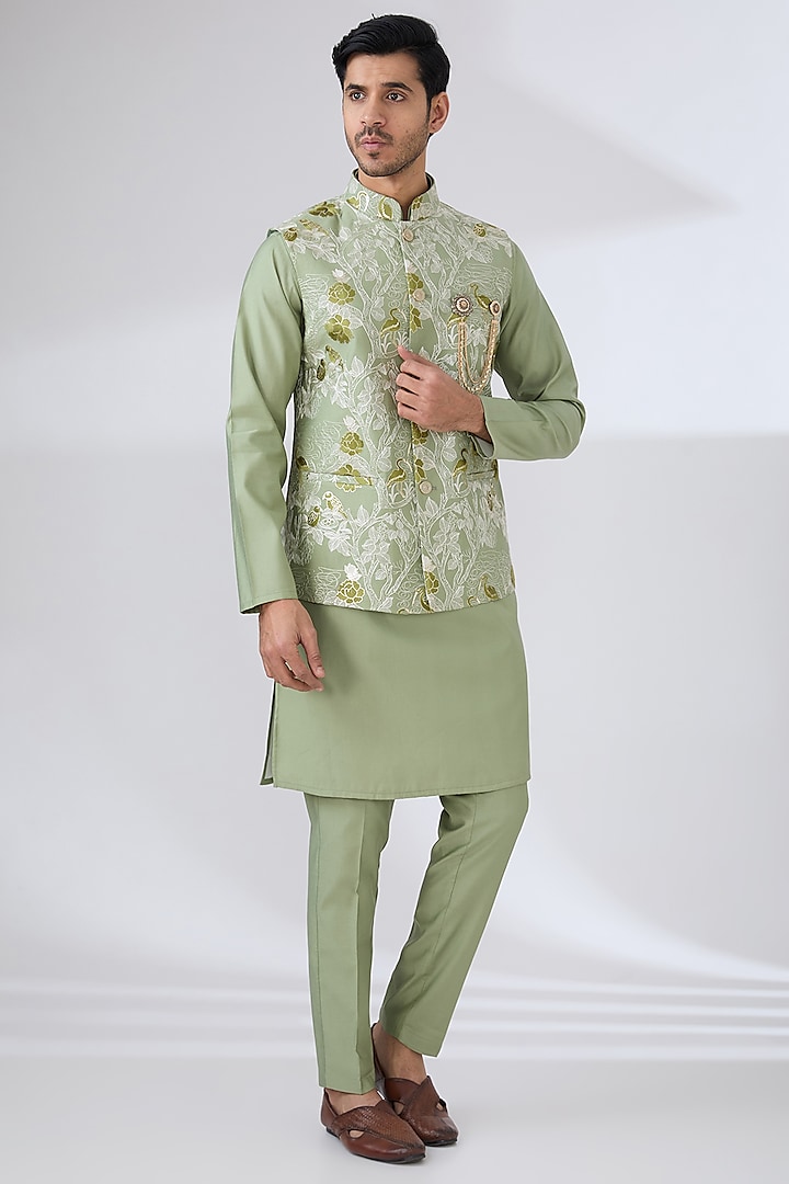 Green Silk Thread Embroidered Nehru Jacket Set by Laromani at Pernia's Pop Up Shop