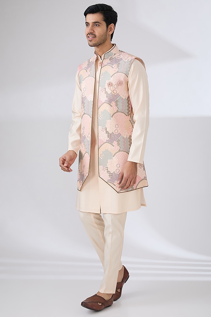 Fawn Silk Thread Embroidered Indowestern Set by Laromani