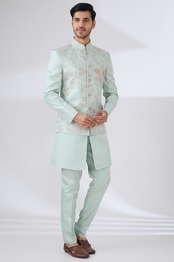 Aqua Bombay Silk Thread Embroidered Nehru Jacket Set by Laromani