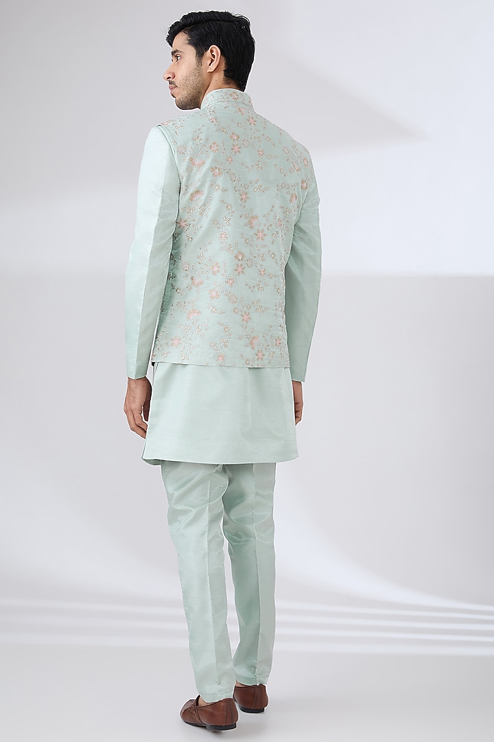 Aqua Bombay Silk Thread Embroidered Nehru Jacket Set by Laromani at Pernia's Pop Up Shop