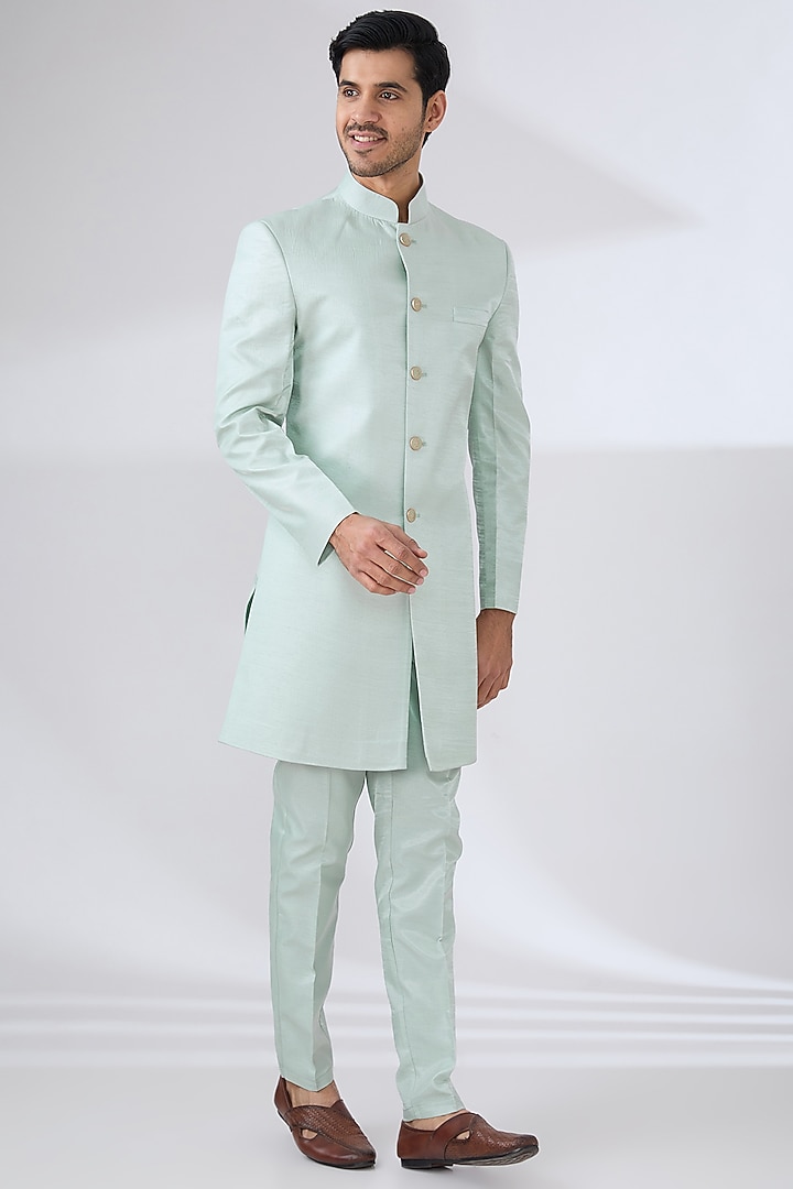 Aqua Bombay Silk Thread Embroidered Nehru Jacket Set by Laromani at Pernia's Pop Up Shop
