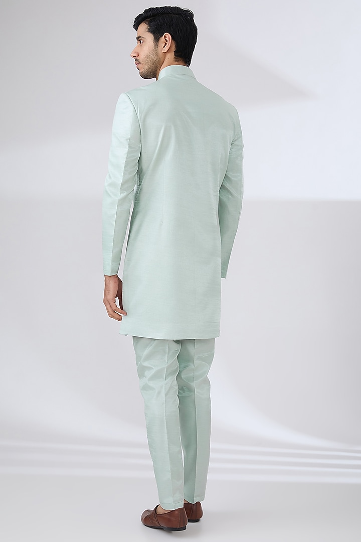 Aqua Bombay Silk Thread Embroidered Nehru Jacket Set by Laromani at Pernia's Pop Up Shop